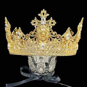 Gold King Lion Crown, Prince Wedding Headpiece, Clear Crystal Crown for Groom
